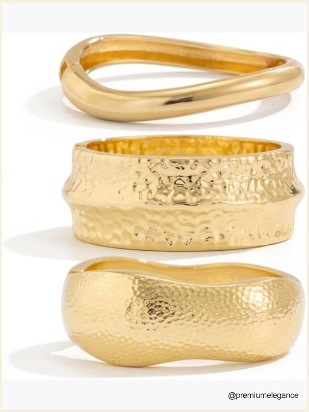 Set of 3 Chunky Gold-Tone Bangle Bracelets, Hammered Wavy Cuff, Stackable, Fits
